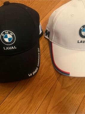 BMW Black and White Laval Logo Baseball Caps with Blue Accent.